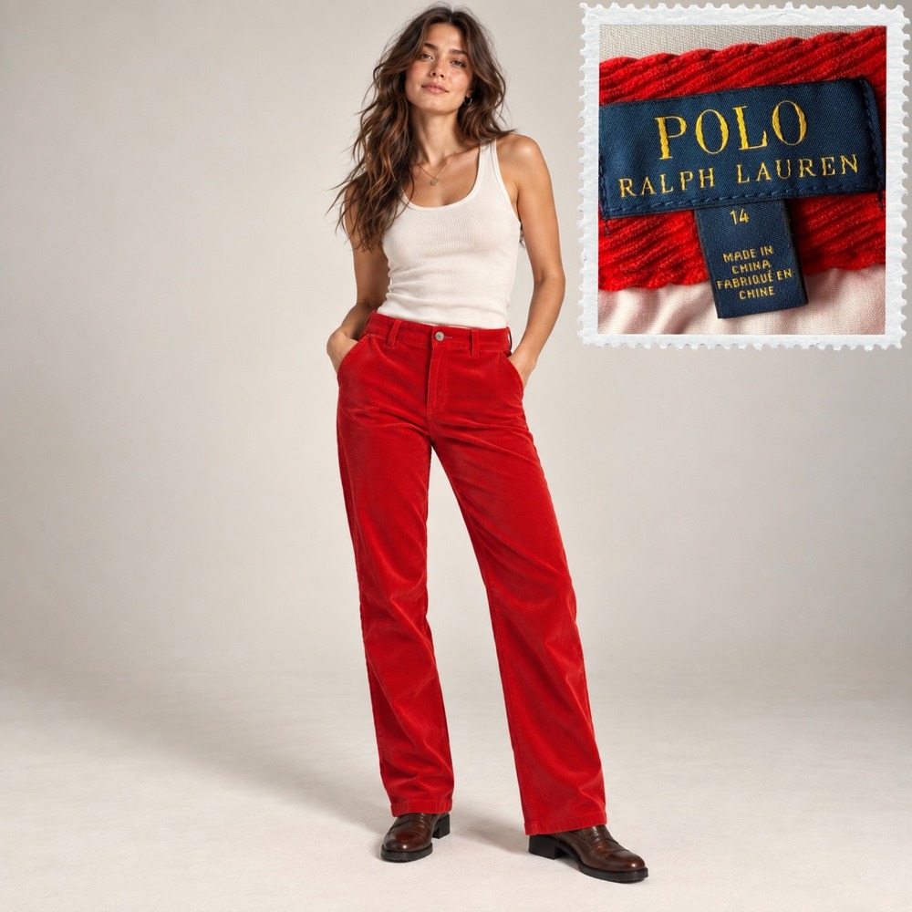 Ralph Lauren Red Corduroy Pants Womens 14 Straight Cotton Stretch Preppy Fall